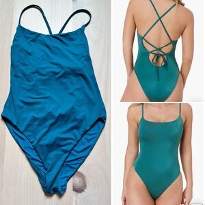Andie Swim Teal Fiji One Piece lace up back built in bust support medium NWOT